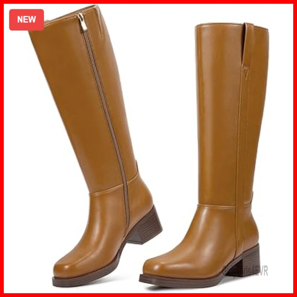 Knee High Riding Boots Platform Chunky Heel Square Toe Zipper